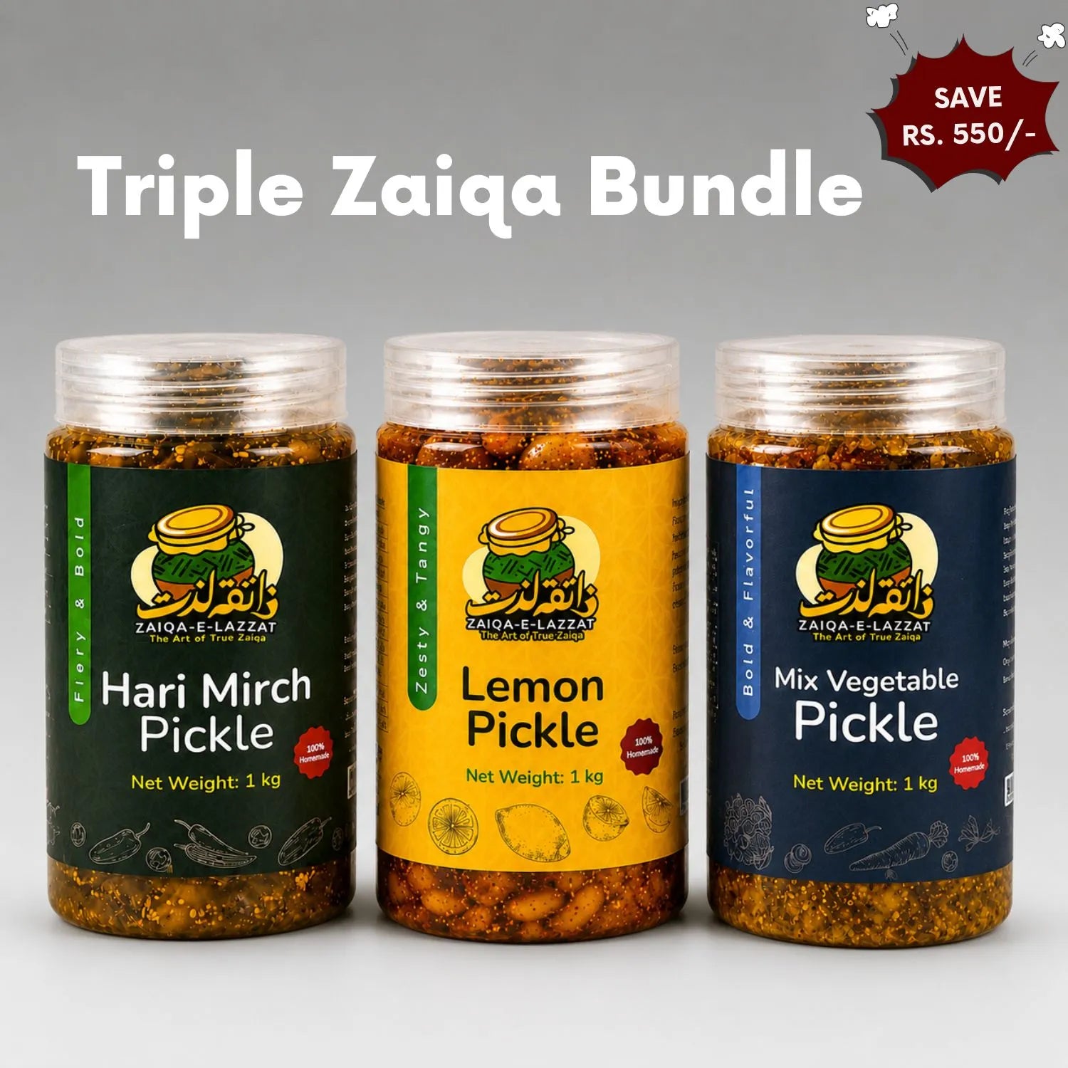 TripleZaiqa Bundle – Hari Mirch, Lemon & Mix Vegetable Pickle