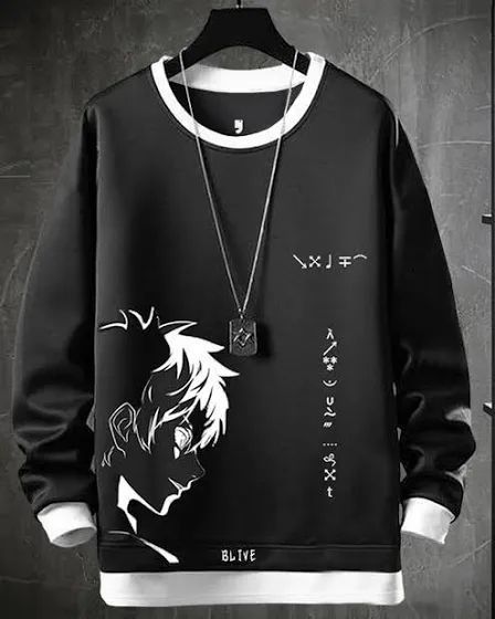Anime Shadow Character Graphic Black Crew Neck Sweatshirt