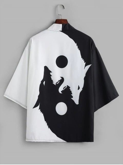 Yin Yang Wolf Oversized Kimono Shirt – Japanese Streetwear Half Sleeve Top